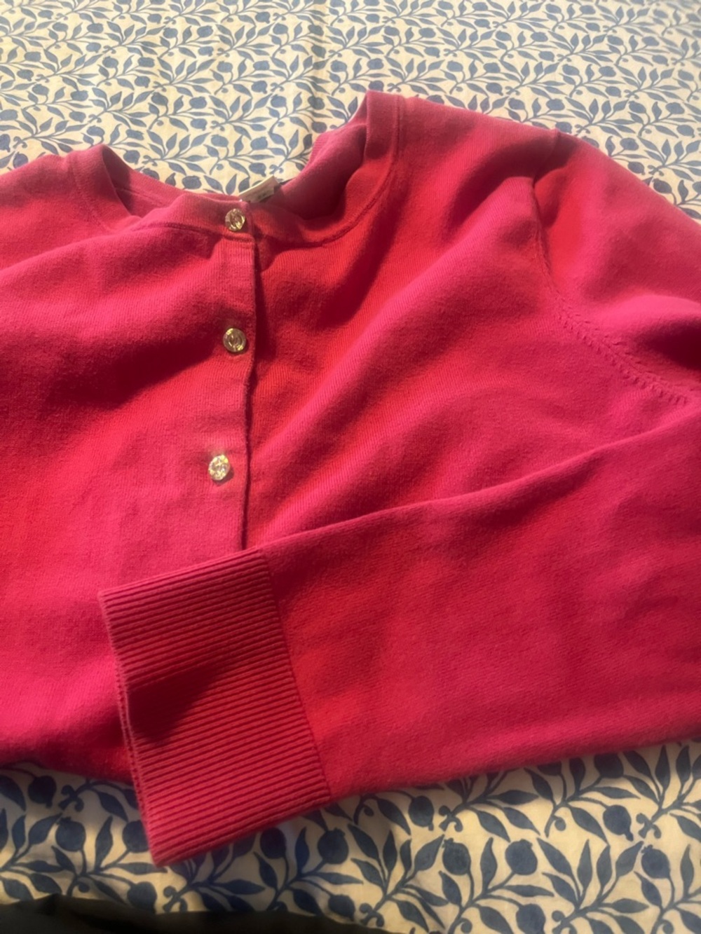 LOFT Fuchsia Crewneck Cardigan with Crystal Buttons - Picture 2 of 8